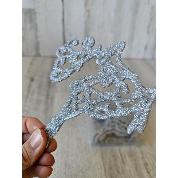 Glitter silver reindeer ornament set Xmas tree - Picture 4 of 6